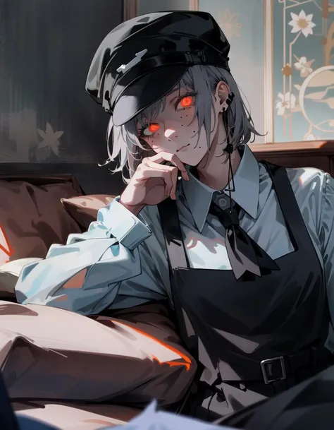 <lora:csm_fami-10:0.8>,lying on bed,in bedroom,1girl,solo,closed mouth,dynamic angle,expressionless,fami \(chainsaw man\),dungarees,black neckwear,red eye,grey hair,upper body,head tilt,hat,earrings,glowing eyes,(Highest picture quality),(ultra-detailed),wallpaper,masterpiece,best quality,<lora:BG-simple_background_v2:0.4:1,1,1,1,1,1,1,1,1,0.2,0,0,0.8,1,1,1,0,0>
