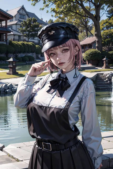 absurdres, highres, ultra detailed, (1girl:1.3),
BREAK
, <lora:csm_fami-10:1> fami \(chainsaw man\) with (gigantic hanging breasts:1.0) and (gigantic hip:1.2), expressionless, closed mouth, looking at viewer, pink hair, black hat, red eyes, school uniform, pinafore dress, white shirt, neck ribbon, jewelry, earrings,
BREAK
, Create a traditional Japanese garden scene, featuring a pond, stone lanterns, and meticulously groomed plants and trees.
BREAK
, double exposure, layered imagery, blended visuals, overlapping compositions, dreamlike illusions, poetic narratives