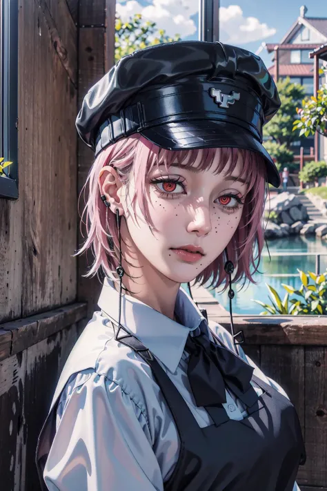 absurdres, highres, ultra detailed, (1girl:1.3), <lora:mappaLikeStyle_v12Beta:0.4>,
BREAK
, <lora:csm_fami-10:1> fami \(chainsaw man\) with (gigantic hanging breasts:1.0) and (gigantic hip:1.2), expressionless, closed mouth, looking at viewer, pink hair, black hat, red eyes, school uniform, pinafore dress, white shirt, neck ribbon, jewelry, earrings,
BREAK
, Create a portrait focusing on the face of a girl.
BREAK
, Create a traditional Japanese garden scene, featuring a pond, stone lanterns, and meticulously groomed plants and trees.
BREAK
, Create an artwork in the style of stained glass, with vibrant colors, intricate patterns, and a sense of light and transparency.