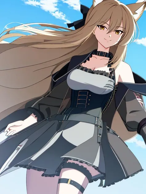 masterpiece, best quality, 1girl, (mature female: 0.6), looking at viewer, smile, cowboy shot, dutch angle, <lora:akbreeze-8:0.7> akbreeze, fox ears, fox tail, grey dress, black cloak, open jacket, corset, thighlet, bow ribbon, hair bow, blue sky, cloud