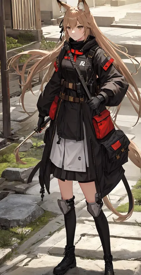 masterpiece, best quality,  <lora:akbreeze-8:0.7> akbreeze, determined, focused, light frown, 1girl, from above, looking at viewer, looking up, fox ears, (fox tail, tail: 1.5),  (mature female: 0.6), black coat, open jacket, bow, hair ribbon, <lora:urbansamurai_v0.3:0.5> tactical_vest, zettai ryouiki, black boots, light brown hair,