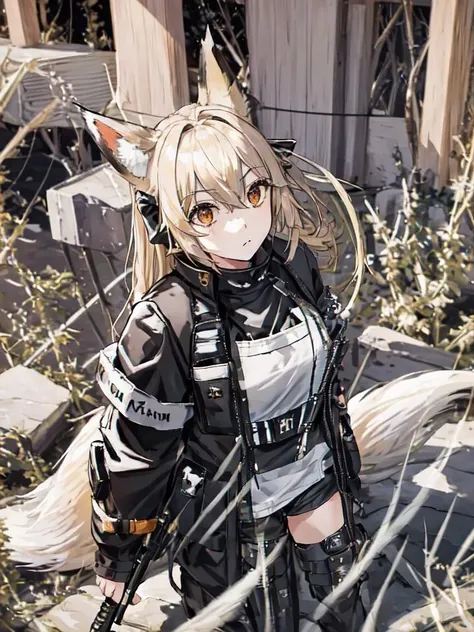 masterpiece, best quality, <lora:akbreeze-8:0.7> akbreeze, determined, focused, light frown, 1girl, from above, looking at viewer, looking up, fox ears, (fox tail, tail: 1.5), (mature female: 0.6), black coat, open jacket, bow, hair ribbon, <lora:urbansamurai_v0.3:1> tactical_vest,