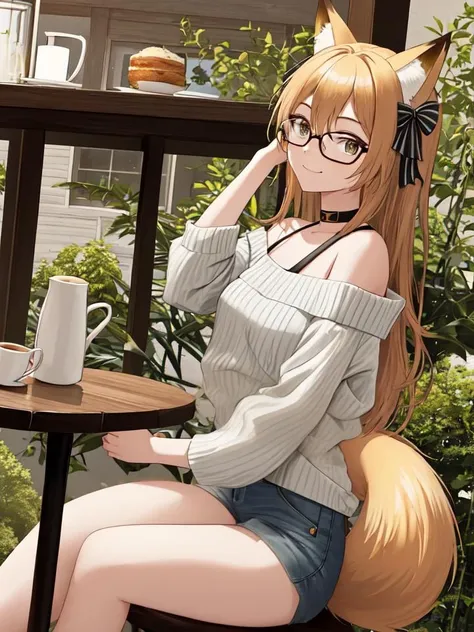 masterpiece, best quality, <lora:akbreeze-8:0.7> akbreeze, 1girl, fox ears, (fox tail, tail: 1.5), (arms behind head: 1.5), (mature female: 0.6), glasses, smile, sitting, indoors, (cafe, table: 1.3), off-shoulder sweater, ribbed sweater, grey sweater, denim_shorts, hair ribbon, bow, coffee mug,