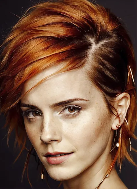 portrait of sks woman by Flora Borsi, style by Flora Borsi, bold, bright colours, orange Mohawk haircut, ((Flora Borsi)), <lora:locon_emmawatson_v1_from_v1_64_32:1.25>