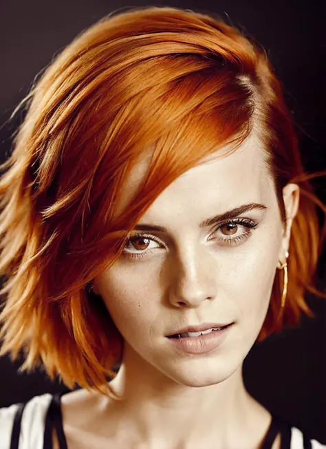 portrait of sks woman by Flora Borsi, style by Flora Borsi, bold, bright colours, orange Mohawk haircut, ((Flora Borsi)), <lora:locon_emmawatson_v1_from_v1_64_32:1.25>