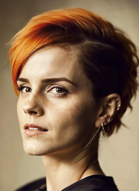portrait of sks woman by Flora Borsi, style by Flora Borsi, bold, bright colours, orange Mohawk haircut, ((Flora Borsi)), <lora:locon_emmawatson_v1_from_v1_64_32:1.25>