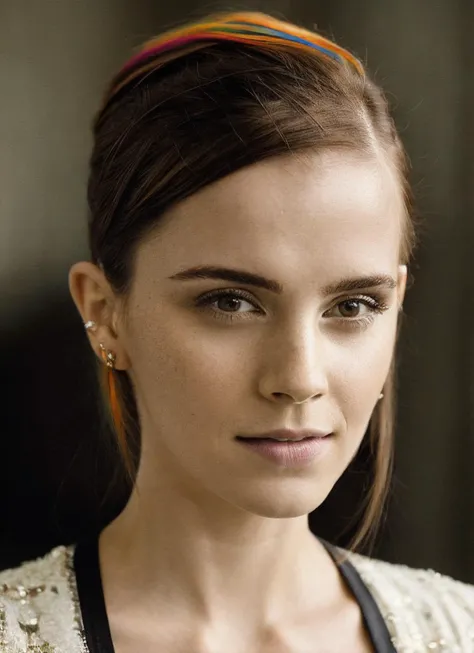 portrait of sks woman by Flora Borsi, style by Flora Borsi, bold, bright colours, rainbow Mohawk haircut, ((Flora Borsi)), <lora:locon_emmawatson_v1_from_v1_64_32:1.25>