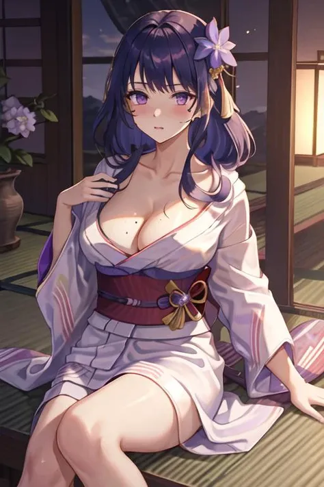 1girl, solo, breasts, looking at viewer, short hair, large breasts, cleavage, bare shoulders, jewelry, sitting, purple eyes, collarbone, purple hair, ahoge, earrings, japanese clothes, shiny, kimono, off shoulder, shiny hair, sash, floral print, yukata, white kimono