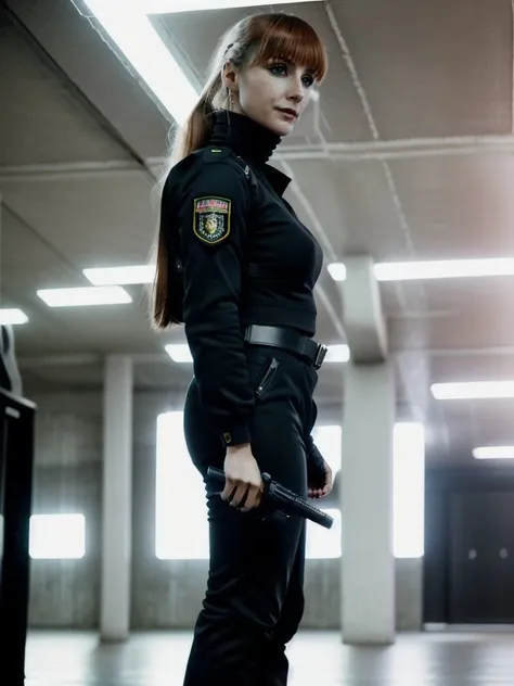 AliciaSierra768, cyberpunk turtleneck cop suit and pants, holster and gun, detailed eyes , ultra-sharpness, highest quality, art of Anya Millen, smooth, clear focus, trend on artforum, behance hd, muted colors <lora:AliciaSierra768:0.8>