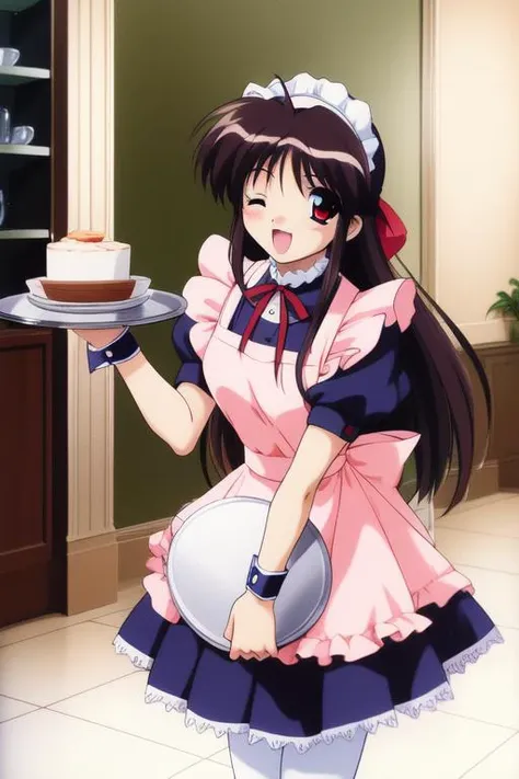<lora:Hinomori_Azusa:0.8>, HinomoriAzusa, multiple girls, 1girl, soro, one eye closed, waitress, open mouth, ribbon, tray, short sleeves, smile, wrist cuffs, full body, black hair, short hair, very long hair, blush, looking at viewer, shoes, red eyes, holding, holding tray, puffy sleeves, apron, maid headdress, index finger raised, bangs, maid, puffy short sleeves, :d, antenna hair, skirt, zettai ryouiki, leg ribbon, hair intakes,
cafe, restaurant, room,
masterpiece, high quality, very_high_resolution, large_filesize, full color,