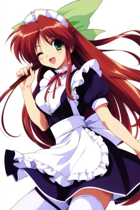 <lora:Hinomori_Azusa:0.8>, HinomoriAzusa, 1girl, solo, thighhighs, one eye closed, green eyes, ribbon, open mouth, white thighhighs, maid, very long hair, short sleeves, simple background, smile, ;d, bow, maid headdress, apron, dress, shoes
cafe, restaurant, room,
masterpiece, high quality, very_high_resolution, large_filesize, full color,