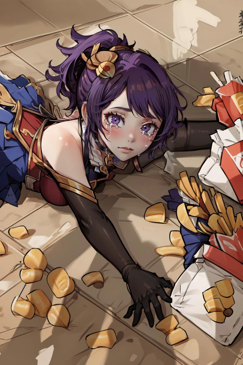 (masterpiece, best quality), intricate details,
1girl, <lora:quinn_and_heartseeker_lol:0.8> quinn \(league of legends\), 1girl, hair ornament, elbow gloves, dress, ponytail, purple hair, bare shoulders, choker, skirt,
<lora:apuspill:0.8> apuspill, laying down, french fries, spilled food, crying,