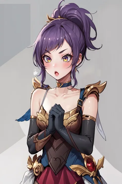 (masterpiece, best quality),  intricate details,
1girl,    <lora:quinn_and_heartseeker_lol:0.8> quinn \(league of legends\), 1girl, hair ornament, elbow gloves, dress, ponytail, purple hair, bare shoulders, choker, skirt, 
 <lora:ganbaruzoi-v3:1> ganbaruzoi, open mouth, :o, clenched hands, v-shaped eyebrows, upper body,