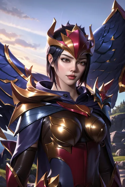 (masterpiece, best quality:1.2), <lora:quinn_and_heartseeker_lol-000016:1>, quinn \(league of legends\), 1girl, armor, helmet, cape, breastplate, black hair, short hair, upper body, outdoors, <lora:A3DStyle:1>