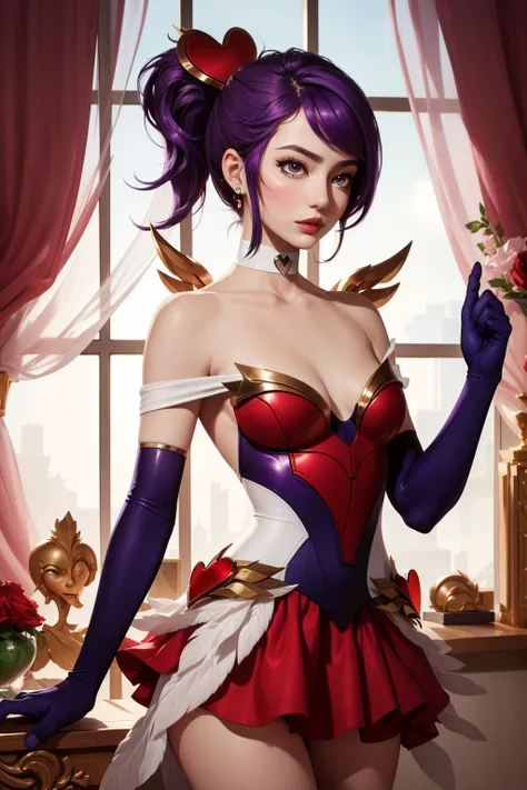 (masterpiece, best quality:1.2), <lora:quinn_and_heartseeker_lol-000016:1>, heartseeker quinn, 1girl, hair ornament, elbow gloves, dress, ponytail, purple hair, bare shoulders, choker, skirt