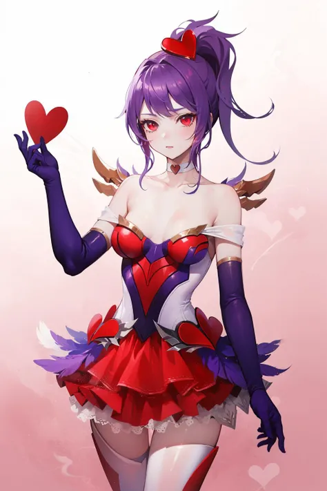 (masterpiece, best quality:1.2), <lora:quinn_and_heartseeker_lol-000016:1>, heartseeker quinn, 1girl, hair ornament, elbow gloves, dress, ponytail, purple hair, bare shoulders, choker, skirt