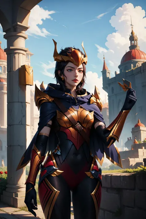 (masterpiece, best quality:1.2), <lora:quinn_and_heartseeker_lol-000016:1>, quinn \(league of legends\), 1girl, armor, helmet, cape, black hair, short hair, outdoors