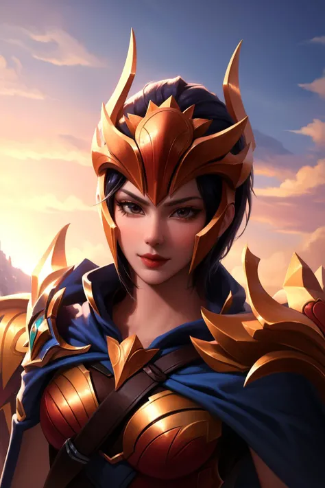 (masterpiece, best quality:1.2), <lora:quinn_and_heartseeker_lol-000016:1>, quinn \(league of legends\), 1girl, armor, helmet, cape, breastplate, black hair, short hair, upper body, outdoors
