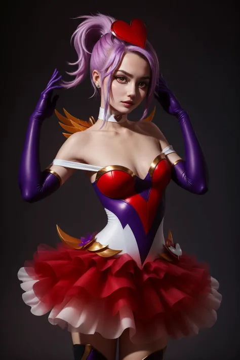 (masterpiece, best quality:1.2), <lora:quinn_and_heartseeker_lol-000016:1>, heartseeker quinn, 1girl, hair ornament, elbow gloves, dress, ponytail, purple hair, bare shoulders, choker, skirt