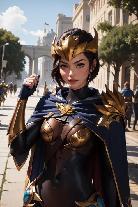 (masterpiece, best quality:1.2), <lora:quinn_and_heartseeker_lol-000016:1>, quinn \(league of legends\), 1girl, armor, helmet, bodysuit, cape, breastplate, black hair, short hair, upper body, outdoors