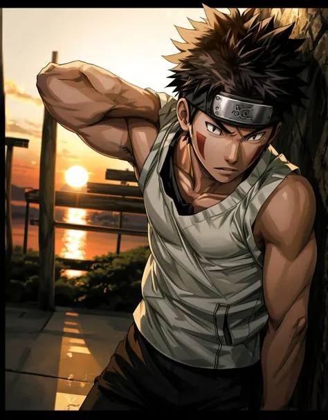 photograph of Kiba_Inuzuka, 1boy, solo, male, wearing white tanktop, sunset, bokeh, f1.8, 4k, dramatic lighting, <lora:KibaLora4-07:0.8> <lora:more_details NEW:0.7>