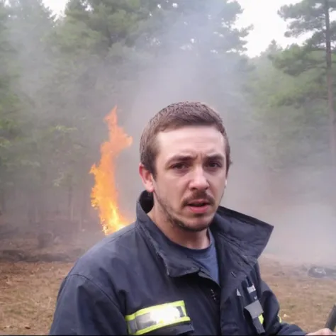 <lora:XL_bossmanjack_v6:1>, fireman putting out fire, forest in background, standing, facial hair, brown hair, b0ssmanjack
