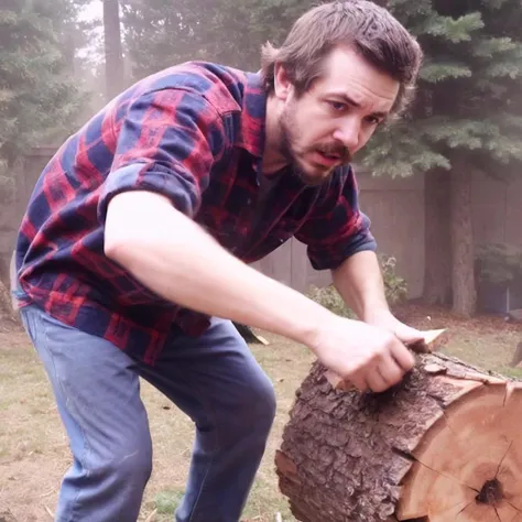 <lora:XL_bossmanjack_v6:1>, lumberjack chopping down tree, wearing flannel, facial hair, brown hair, b0ssmanjack