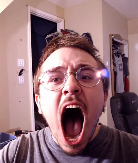 <lora:XL_bossmanjack_v6:0.8>, b0ssmanjack, facial hair, brown hair, glasses, open mouth, excited, indoors, avengers poster on wall