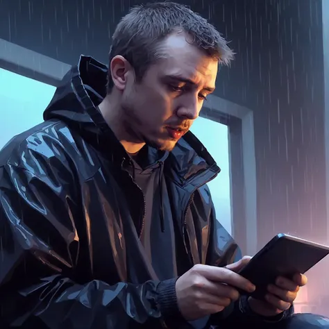 <lora:XL_bossmanjack_v6:1>, blade runner, rainy scene, b0ssmanjack, cyberpunk,  vector art, reading tablet