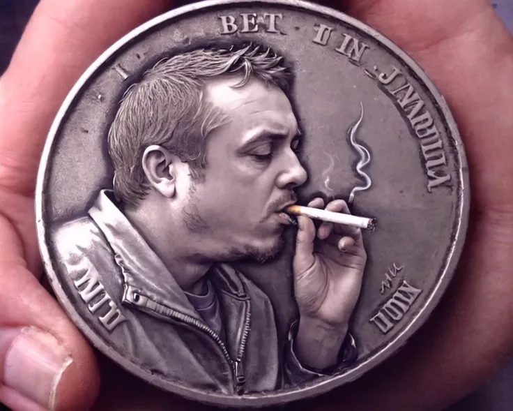 <lora:Cnl-XL-V1:0.4>, <lora:XL_bossmanjack_v6:1>, coin, b0ssmanjack engraved on coin, indoors, smoking cigarette