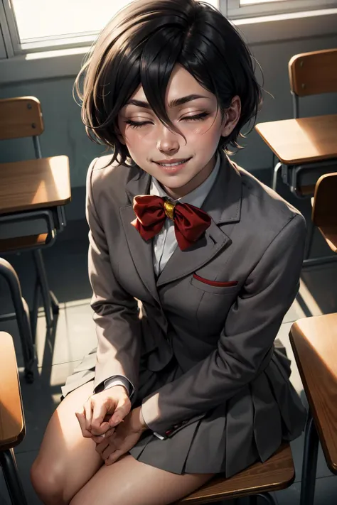 masterpiece, best quality, photorealistic,
kuchikirukia, short hair, bowtie, grey blazer, grey skirt, (hair between eyes),
smiling, blush, closed eyes,
school, classroom, sitting,
looking at viewer, from above
<lora:rukia-nvwls-v1:0.8>