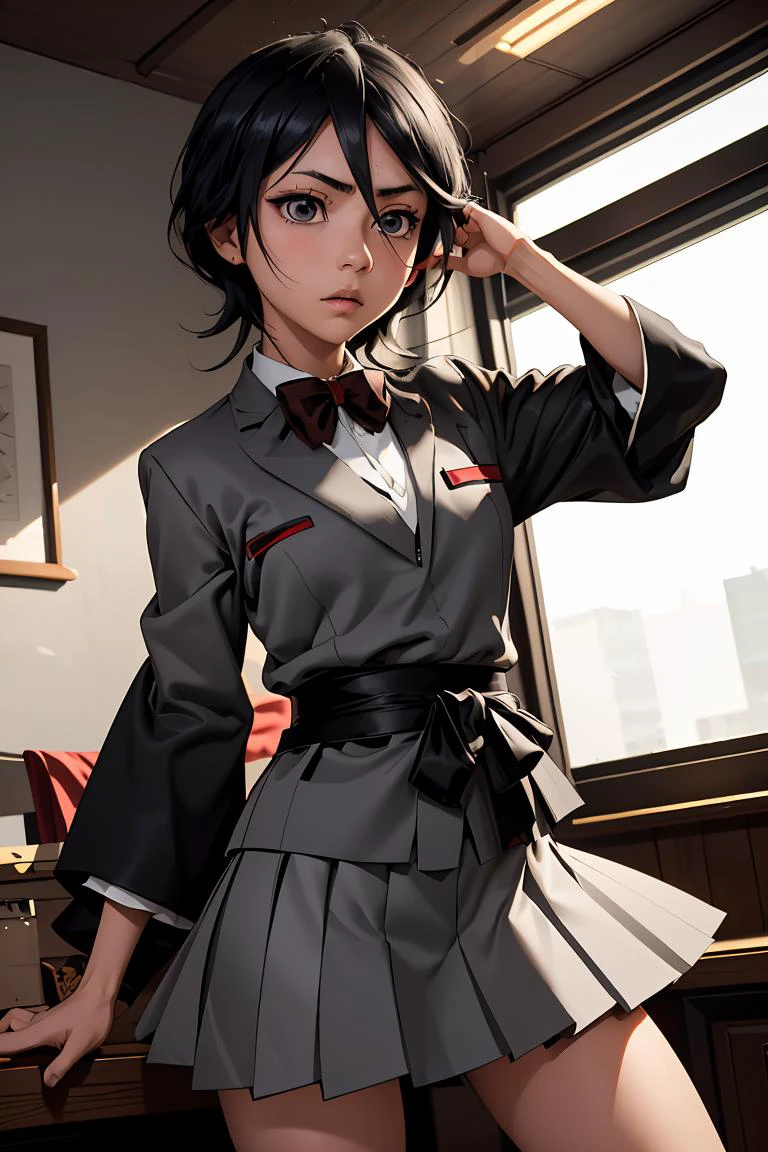 (masterpiece, best quality), 1girl, <lora:rukia-nvwls-v1:1> kuchikirukia, black robes, sash, bowtie, grey blazer, grey skirt, bowtie, white shirt, grey skirt