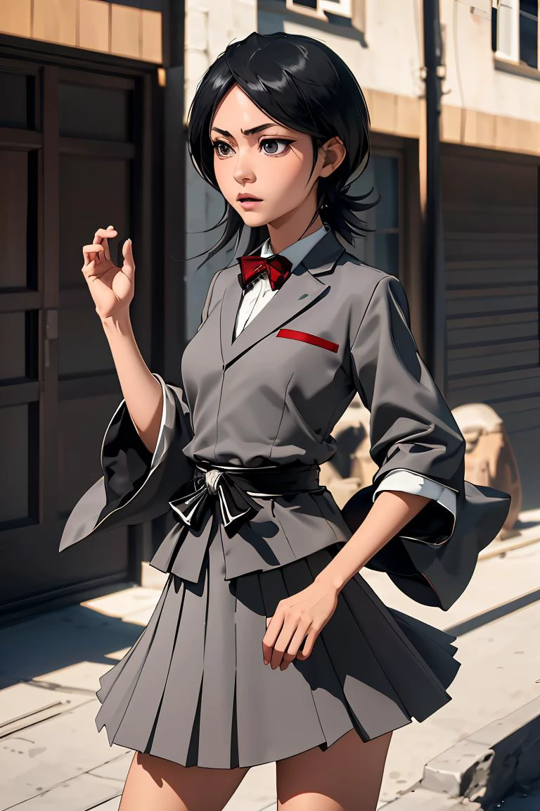 (masterpiece, best quality), 1girl, <lora:rukia-nvwls-v1:1> kuchikirukia, black robes, sash, bowtie, grey blazer, grey skirt, bowtie, white shirt, grey skirt