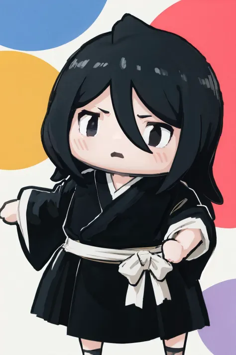 masterpiece, (detailed, highres, best quality), 1girl, <lora:rukia-nvwls-v1:1> kuchikirukia, black robes, sash, <lora:style_walfie:1> chibi