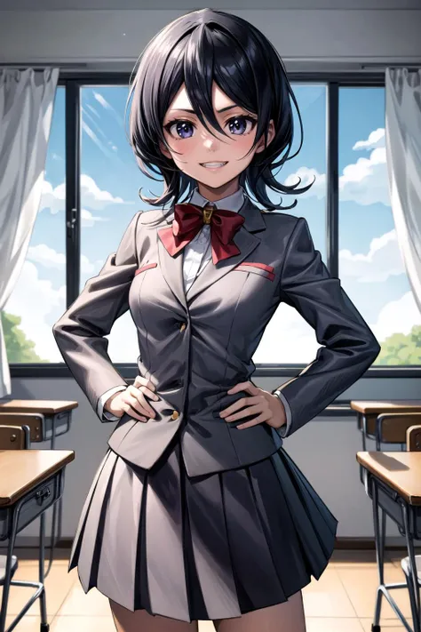(masterpiece, best quality, detailed), 1girl, solo, kuchikirukia, looking at viewer,
bowtie, grey blazer, grey skirt, grin, hands on hips, indoors, classroom, school desk, window, school chair, curtains, wind