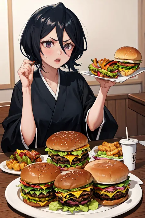 masterpiece, (detailed, highres, best quality), 1girl, <lora:rukia-nvwls-v1:1> kuchikirukia, black robes, sash, x_x, scared, trembling, paralysis, <lora:AnzhcTooMuchFood_671205:1> (anzhctoomuchfood:1.1), burger, burger, burger, buger, burger, burger, burger, burger, burger, chocolate, burger, burger,burger burger, burger, burger, burger, burger on burger on burger on burger, giant burger, borgar, table, burger on table, burger rain