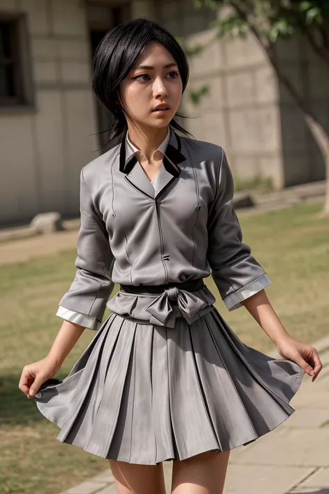 (masterpiece, best quality), 1girl, <lora:rukia-nvwls-v1:1> kuchikirukia, black robes, sash, bowtie, grey blazer, grey skirt, bowtie, white shirt, grey skirt