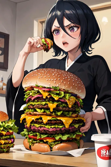 masterpiece, (detailed, highres, best quality), 1girl, <lora:rukia-nvwls-v1:1> kuchikirukia, black robes, sash, x_x, scared, trembling, paralysis, <lora:AnzhcTooMuchFood_671205:1> (anzhctoomuchfood:1.1), burger, burger, burger, buger, burger, burger, burger, burger, burger, chocolate, burger, burger,burger burger, burger, burger, burger, burger on burger on burger on burger, giant burger, borgar, table, burger on table, burger rain