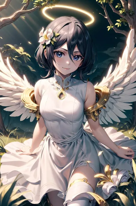 (masterpiece, best quality, detailed), 1girl, solo, kuchikirukia, looking at viewer,
<lora:BlessedTech:1>, blessedtech, blessed, aura, medieval, angel, feathered wings, halo, white dress, outdoors, forest, nature, grass, tree, flower, leaf, night, dark, arms behind back, closed mouth, smile
