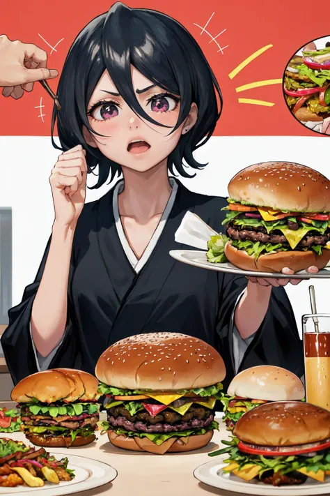 masterpiece, (detailed, highres, best quality), 1girl, <lora:rukia-nvwls-v1:1> kuchikirukia, black robes, sash, x_x, scared, trembling, paralysis, <lora:AnzhcTooMuchFood_671205:1> anzhctoomuchfood, burger, burger, burger, buger, burger, burger, burger, burger, burger, chocolate burger, burger,burger on burger, burger on burger on burger, burger on burger on burger on burger, giant burger, table, burger on table