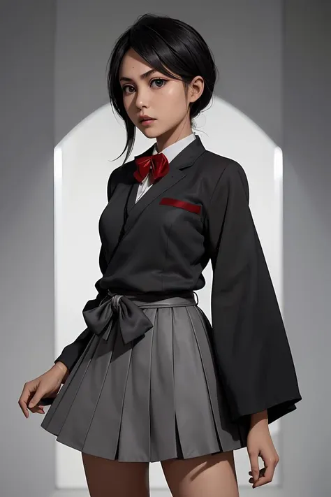 (masterpiece, best quality), 1girl,  <lora:rukia-nvwls-v1:1> kuchikirukia, black robes, sash, bowtie, grey blazer, grey skirt, bowtie, white shirt, grey skirt