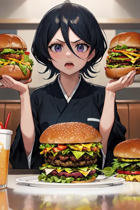 masterpiece, (detailed, highres, best quality), 1girl, <lora:rukia-nvwls-v1:1> kuchikirukia, black robes, sash, x_x, scared, trembling, paralysis, <lora:AnzhcTooMuchFood_671205:1> anzhctoomuchfood, burger, burger, burger, buger, burger, burger, burger, burger, burger, chocolate, burger, burger,burger burger, burger, burger, burger, burger on burger on burger on burger, giant burger, borgar, table, burger on table, burger rain