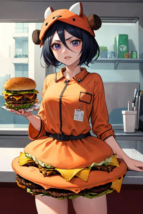 masterpiece, (detailed, highres, best quality), 1girl, <lora:rukia-nvwls-v1:1> kuchikirukia, (burger costume, burger hat:1.3),