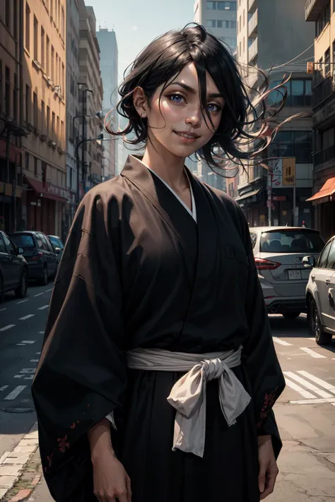 masterpiece, best quality, photorealistic,
kuchikirukia, black robes, sash, hair between eyes,
light smile,
standing, upper body, looking at viewer,
in city, street,
<lora:rukia-nvwls-v1:0.8>