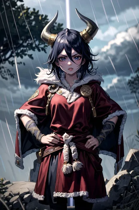 (masterpiece, best quality, detailed), 1girl, solo, kuchikirukia, looking at viewer,
<lora:AncientVikings:0.9>, ancient viking, viking helmet, horned helmet, fur trim, helmet, outdoors, lightning, rain, cloudy sky, wet, storm, wind, hands on hips, parted lips, serious