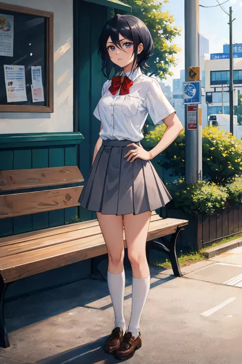 (best quality, masterpiece, cartoon style, high resolution 4k wallpaper), a charming schoolgirl,school uniform ,train station,smile,sunset,nature,cute,The illustration features highly detailed facial features and a dancing butterfly.