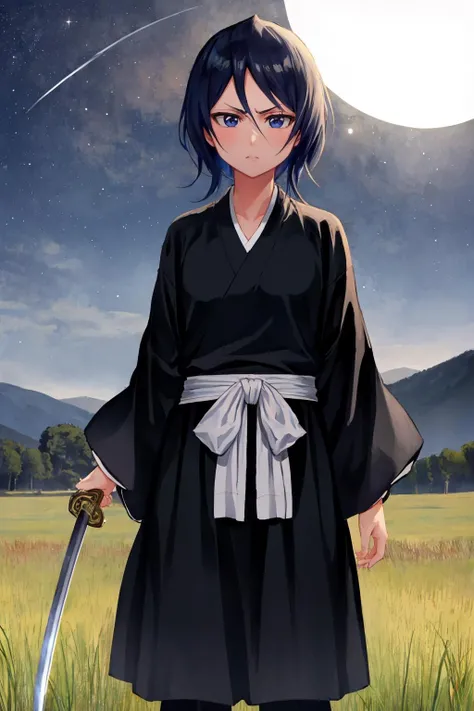 masterpiece, best quality, <lora:rukia-nvwls-v1-000010:1.2> kuchikirukia, black robes, sash, standing, cowboy shot, looking at viewer, furrowed brow, <lora:UBWKatanaOneHand:0.6> KatanaOneHand, blade to side, night sky, night, field, moonlight, black eyes