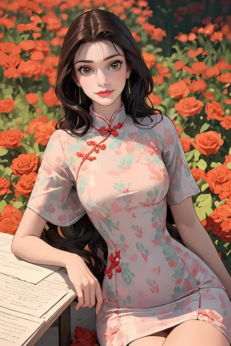 8k high quality detailed,highres,anime,comic,detailed image,
(an illustration of a teenage girl posing,an illustration of girl,teenage girl,magazine_sheet),(magazine_illustration),
(, belle,1girl,long hair,wavy hair,brown hair,brown eyes,lipstick,medium breasts),Melancholy Smile,detailed_face,
((Sitting on a park bench, holding a bouquet of flowers, with a smile of joy and gratitude,):0.8),
((, rc,china dress):0.85),(,realistic clothing texture,realistic_skin_texture),<lora:belle:0.7>,<lora:rc_20240129110848:0.6>,<lora:more_details:0.2>