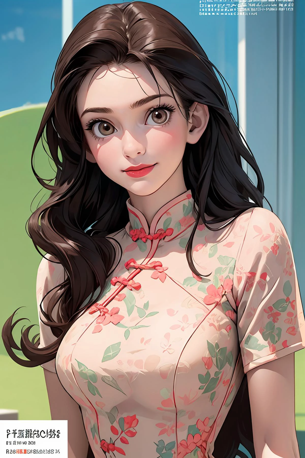 8k high quality detailed,highres,anime,comic,detailed image,
(an illustration of a age girl posing,an illustration of girl,teengirl,magazine_sheet),(magazine_illustration),
(, belle,1girl,long hair,wavy hair,brown hair,brown eyes,lipstick,medium breasts),Sweet Smile,detailed_face,
((inugami-ke_no_ichizoku_pose):0.8),
((, rc,china dress):0.85),(,realistic clothing texture,realistic_skin_texture),<lora:belle:0.7>,<lora:rc_20240129110848:0.6>,<lora:more_details:0.2>