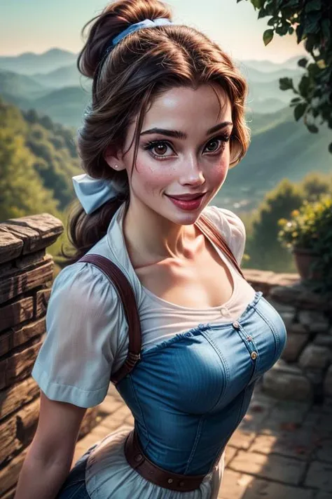 <lora:belle:0.6> belle,1girl, solo, looking at viewer, smile, brown hair, shirt, bow, white shirt, upper body, ponytail, hair bow (masterpiece:1.2), (best quality), (ultra detailed), (8k, 4k, intricate),(full-body-shot:1), (highly detailed:1.2),(detailed face:1.2), (detailed background),detailed landscape, (dynamic angle:1.2), (dynamic pose:1.2), <l <lora:more_details:1>
